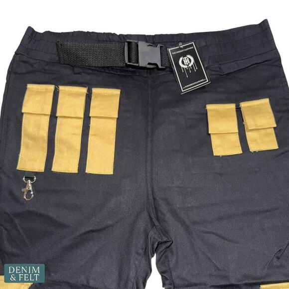 The Hideout Clothing Black Yellow Technical Cargo Pants Joggers Size S NEW - Picture 4 of 11